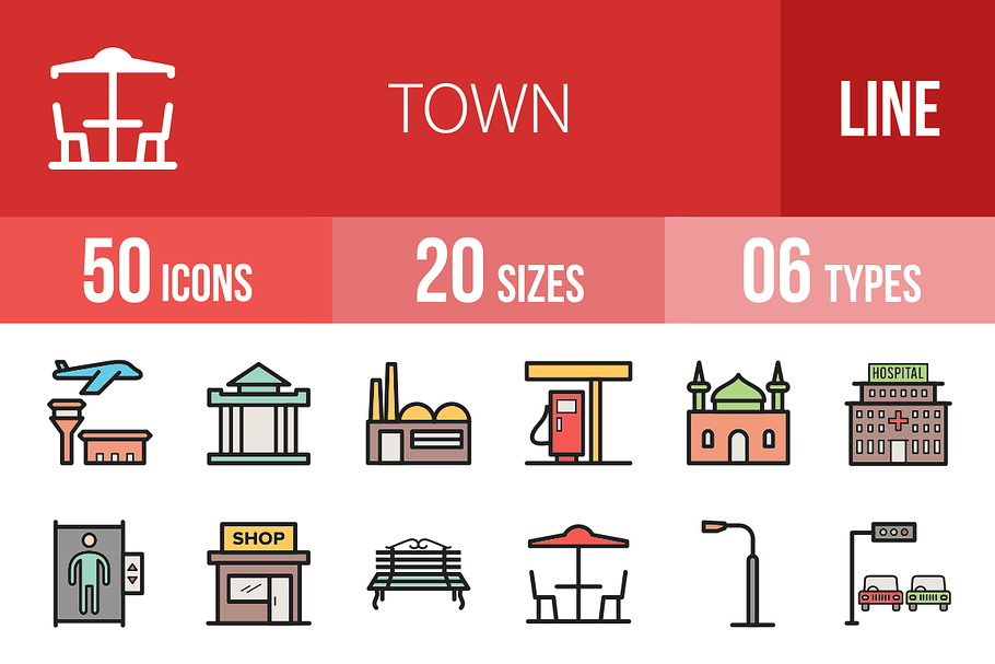50 Town Line Filled Icons in Graphics - product preview 8
