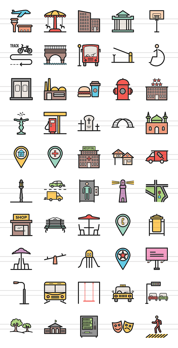 50 Town Line Filled Icons in Graphics - product preview 1