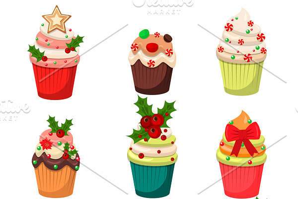 Christmas set of cupcakes vector