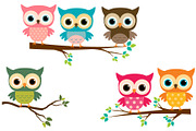 Cute owls with branches clip art