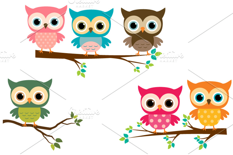 Cute owls with branches clip art | Custom-Designed ...