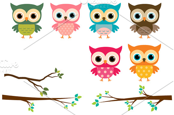 Cute owls with branches clip art in Illustrations - product preview 1