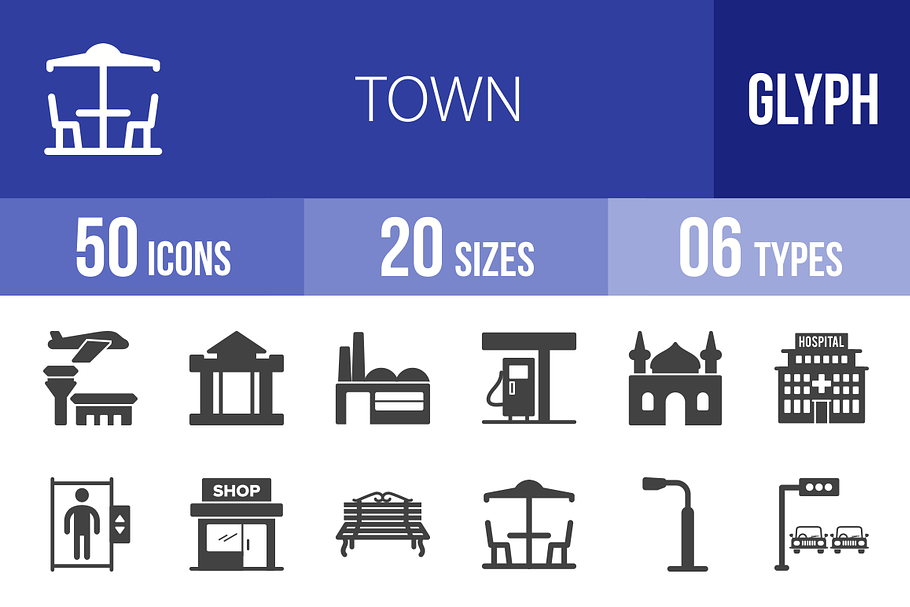 50 Town Glyph Icons