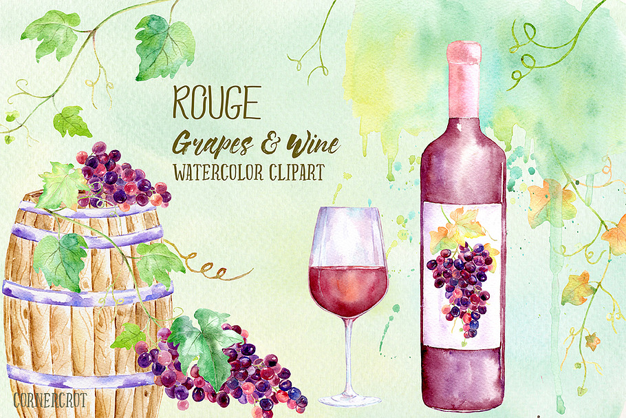 Watercolor Rouge Grapes and Wine in Illustrations - product preview 8