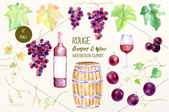 Watercolor Rouge Grapes and Wine in Illustrations - product preview 1