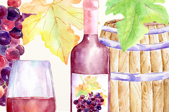 Watercolor Rouge Grapes and Wine in Illustrations - product preview 2