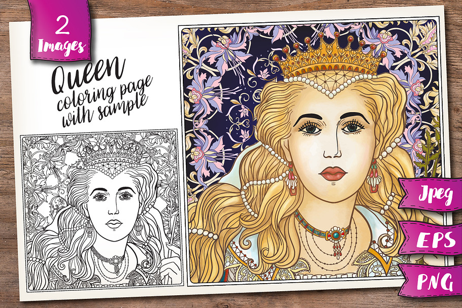 Queen. Coloring page with example.