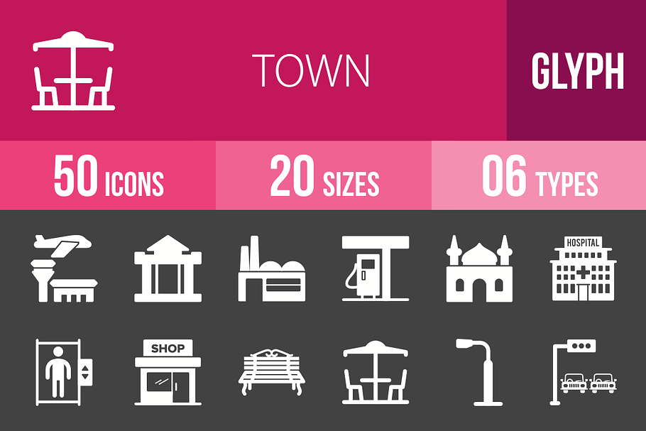 50 Town Glyph Inverted Icons
