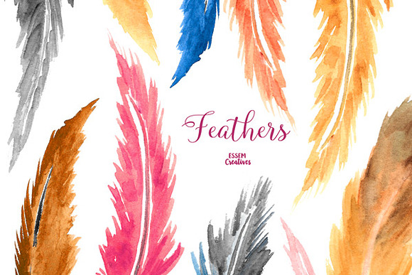 Watercolor Boho Feathers Clipart in Illustrations - product preview 2