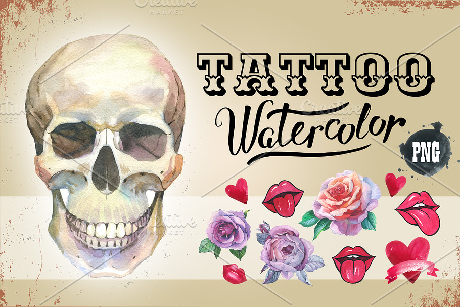 Tattoo PNG watercolor set skull in Illustrations - product preview 8