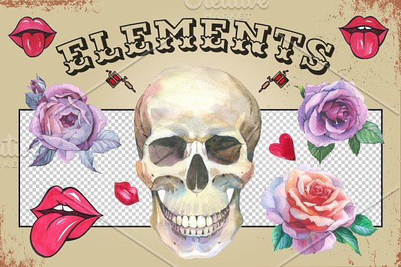 Tattoo PNG watercolor set skull in Illustrations - product preview 1
