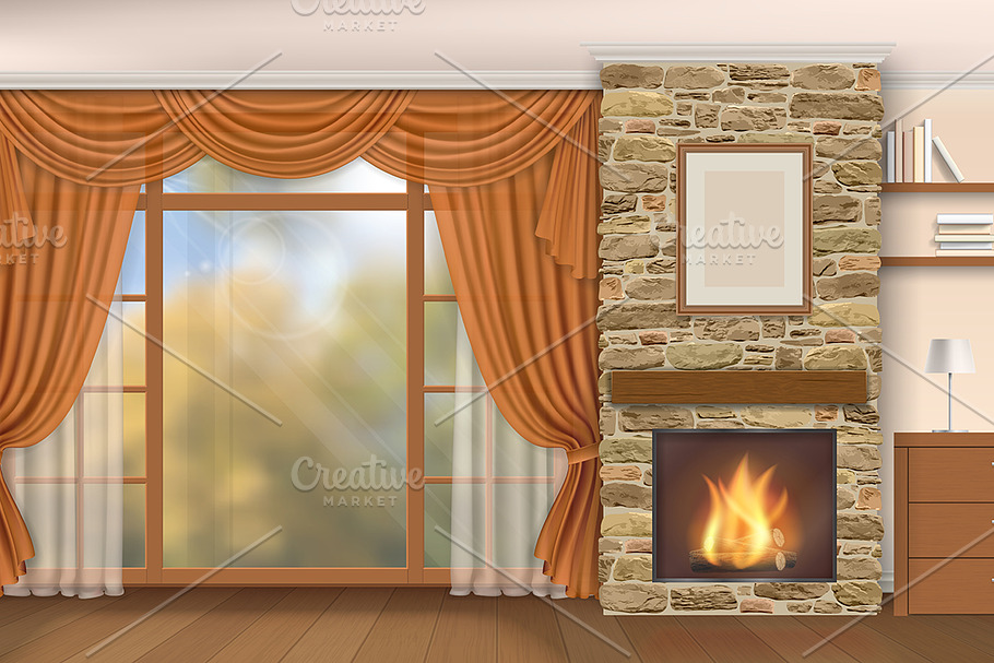 Living room interior with fireplace in Illustrations - product preview 8