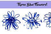 Three Blue Watercolor Flowers