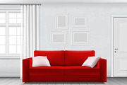 White interior and red sofa