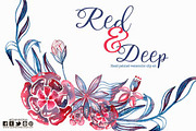 Floral watercolor clip art red blue