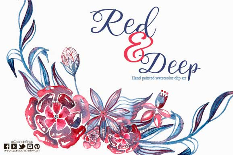 Floral watercolor clip art red blue in Illustrations - product preview 8