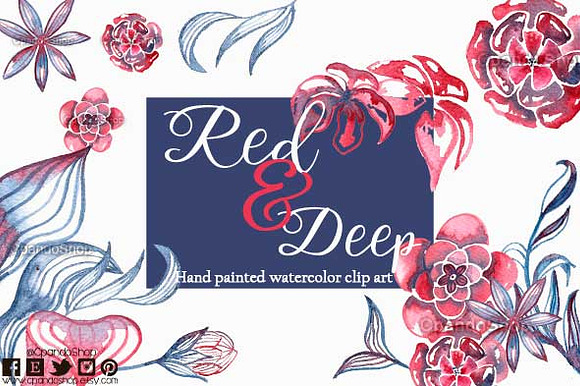 Floral watercolor clip art red blue in Illustrations - product preview 1