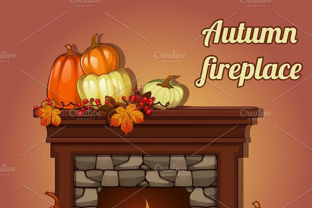 Pumpkins and fireplace  in Illustrations - product preview 8
