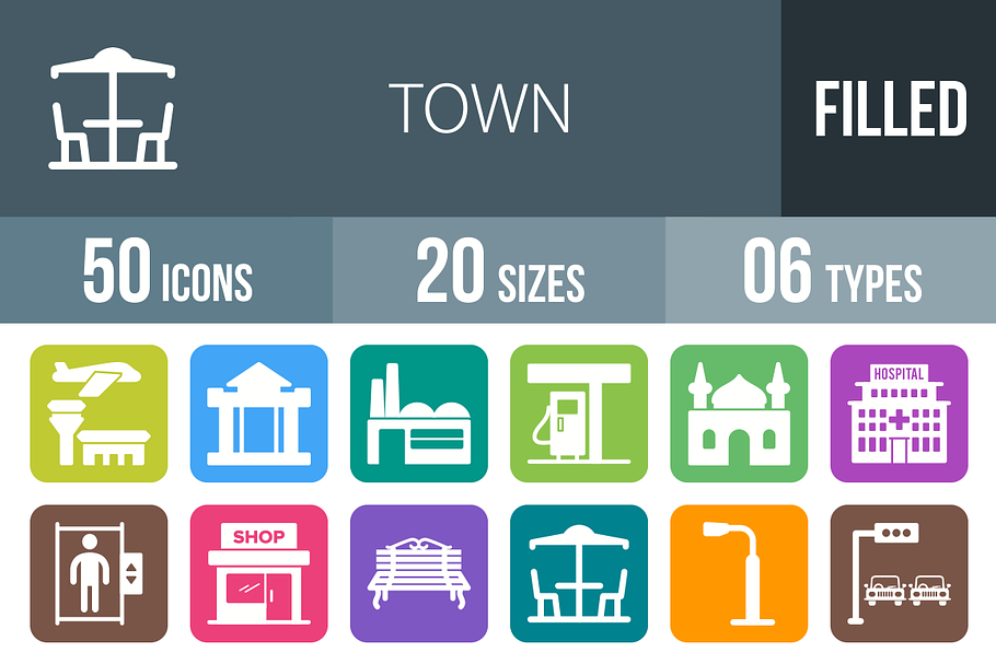 50 Town Flat Round Corner Icons in Graphics - product preview 8