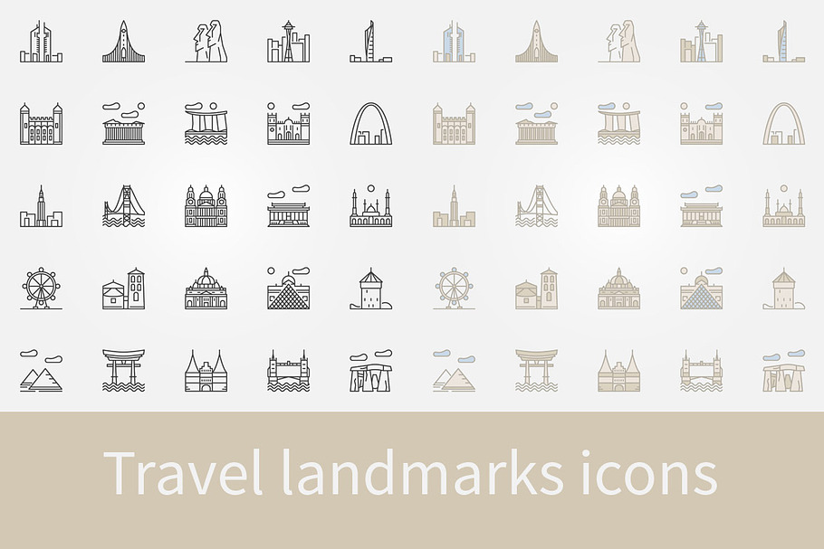 Travel landmarks icons set