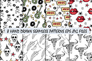 Hand drawn seamless patterns. Skulls