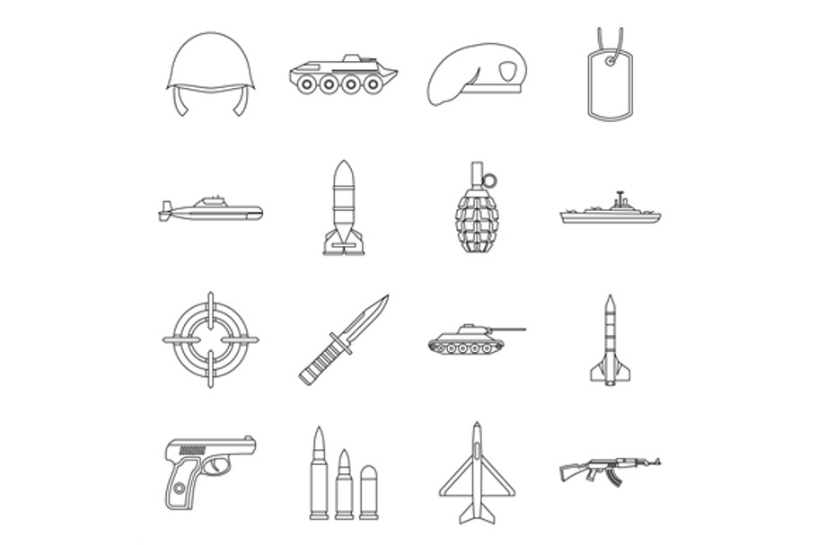 Military icons set, outline style