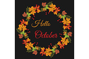 Hello october banner. Leaves wreath