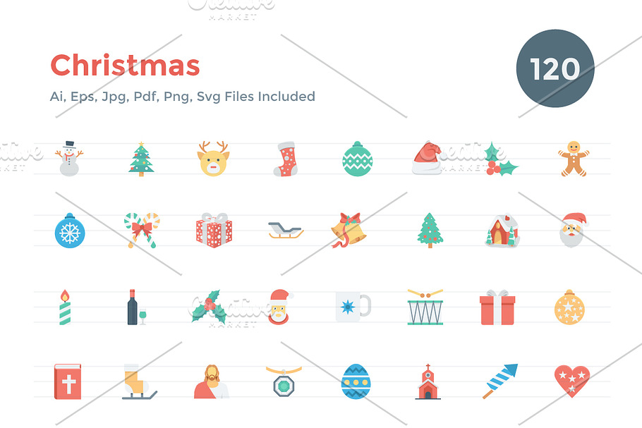 120 Flat Christmas Vector Icons in Graphics - product preview 8