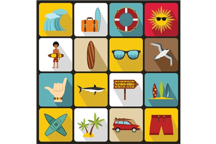 Surfing icons set, flat style in Graphics - product preview 8