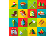 Camping icons set, flat style
