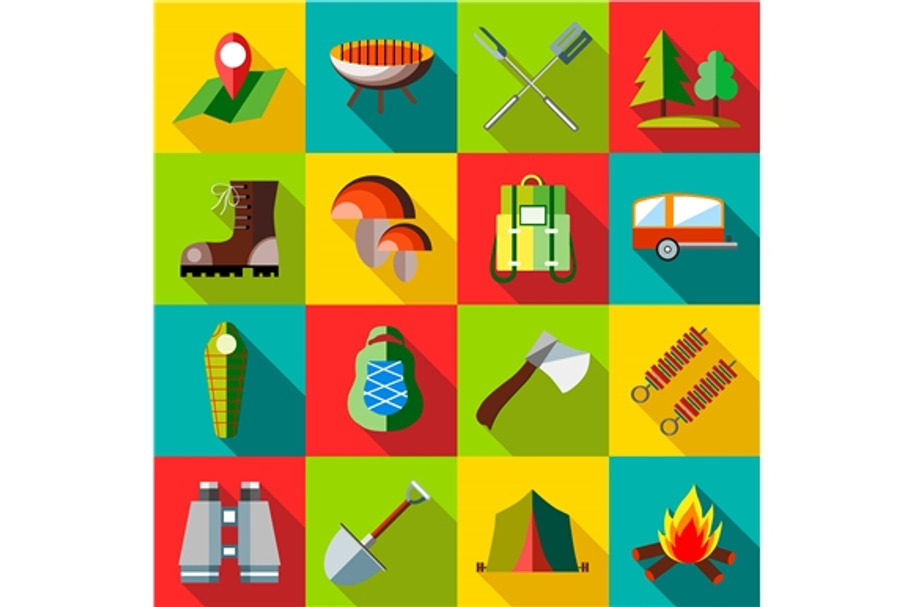 Camping icons set, flat style in Objects - product preview 8