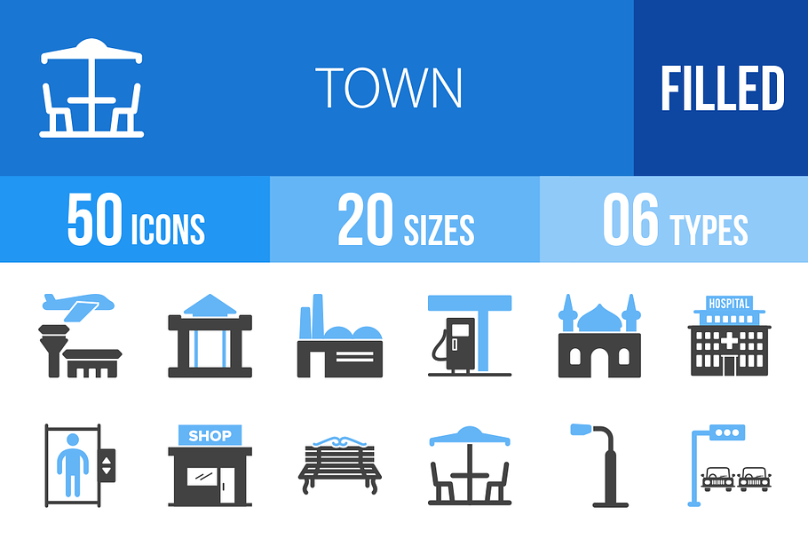 50 Town Blue & Black Icons in Graphics - product preview 8