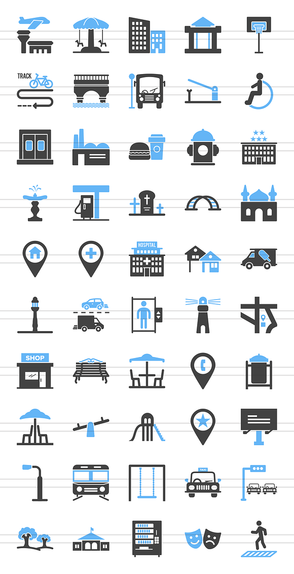 50 Town Blue & Black Icons in Graphics - product preview 1