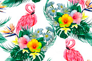 Flamingos,tropical flowers pattern