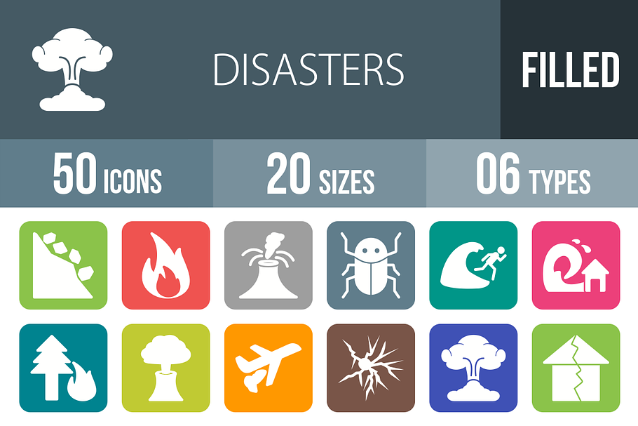 50 Disasters Flat Round Corner Icons