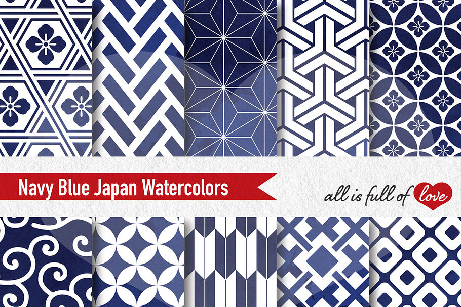 Navy Blue Patterns Watercolor Paper