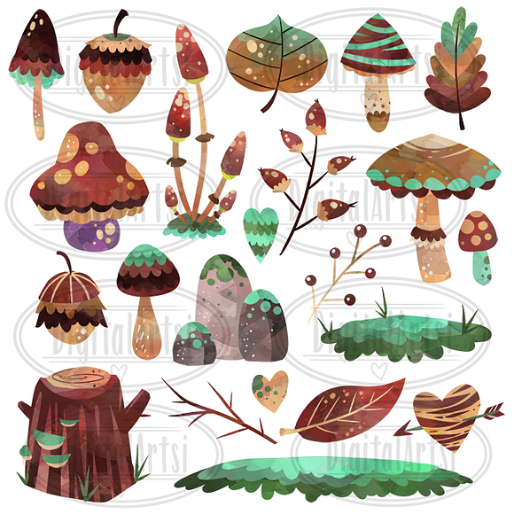 Watercolor Woodland Plants Clipart in Illustrations - product preview 1