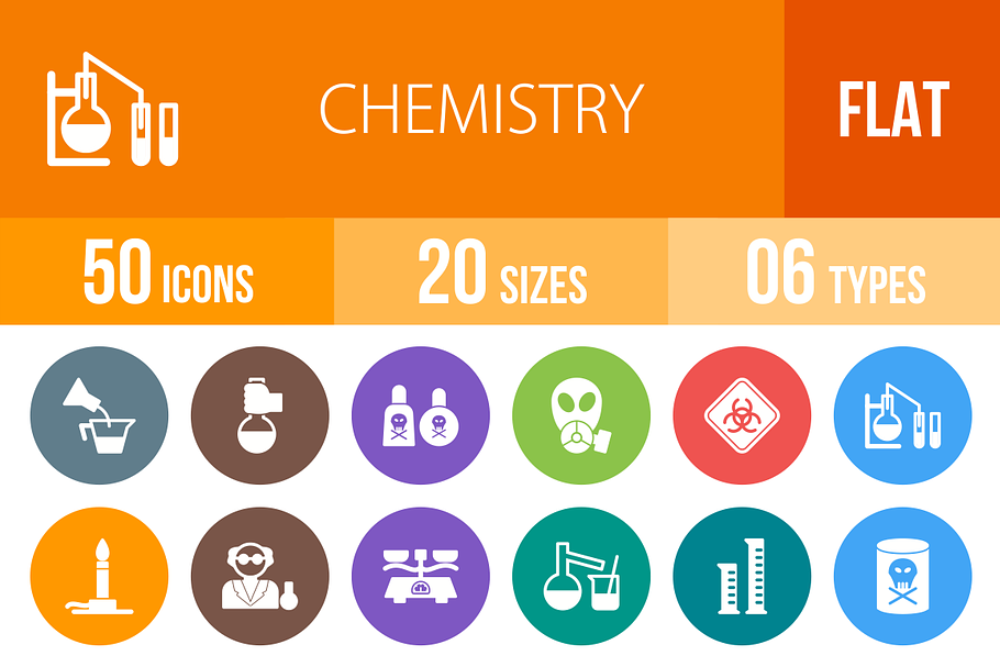 50 Chemistry Flat Round Icons