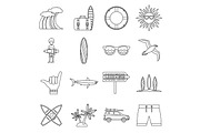 Surfing icons set, outline style