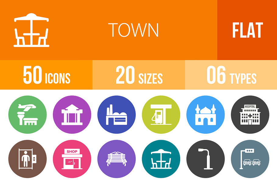 50 Town Flat Round Icons