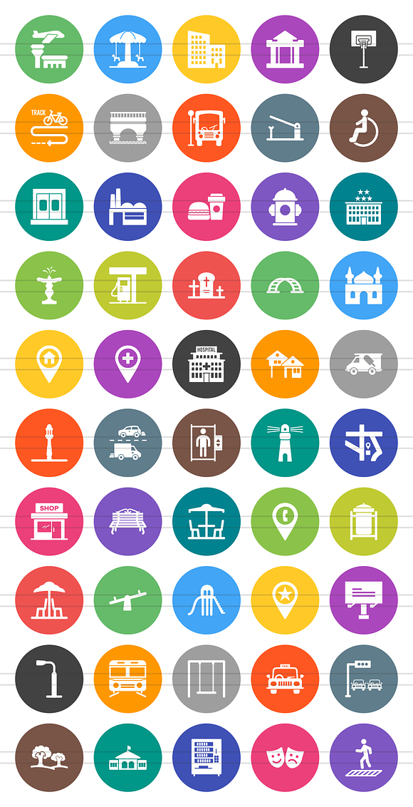 50 Town Flat Round Icons in Graphics - product preview 1