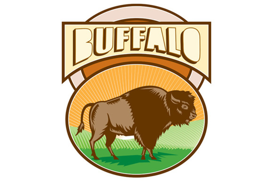 American Bison Buffalo Oval Woodcut