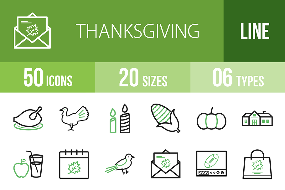 50 Thanksgiving Line Green Icons