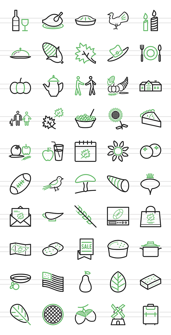 50 Thanksgiving Line Green Icons in Thanksgiving Icons - product preview 1