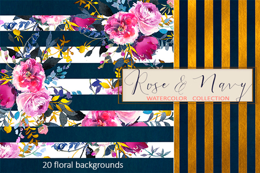 Purple & Navy Floral Stripped Paper in Patterns - product preview 8