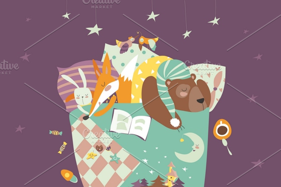 Cute animals sleeping in bed in Illustrations - product preview 8