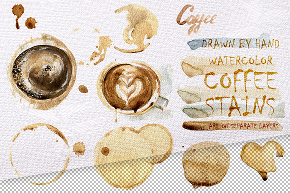 Layered watercolor coffee stains set in Objects - product preview 1