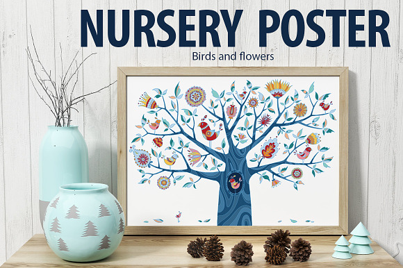 Birds and flovers. Nursery poster. in Illustrations - product preview 1