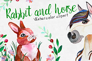 Watercolor rabbit and horse