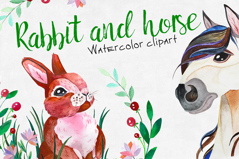 Watercolor rabbit and horse